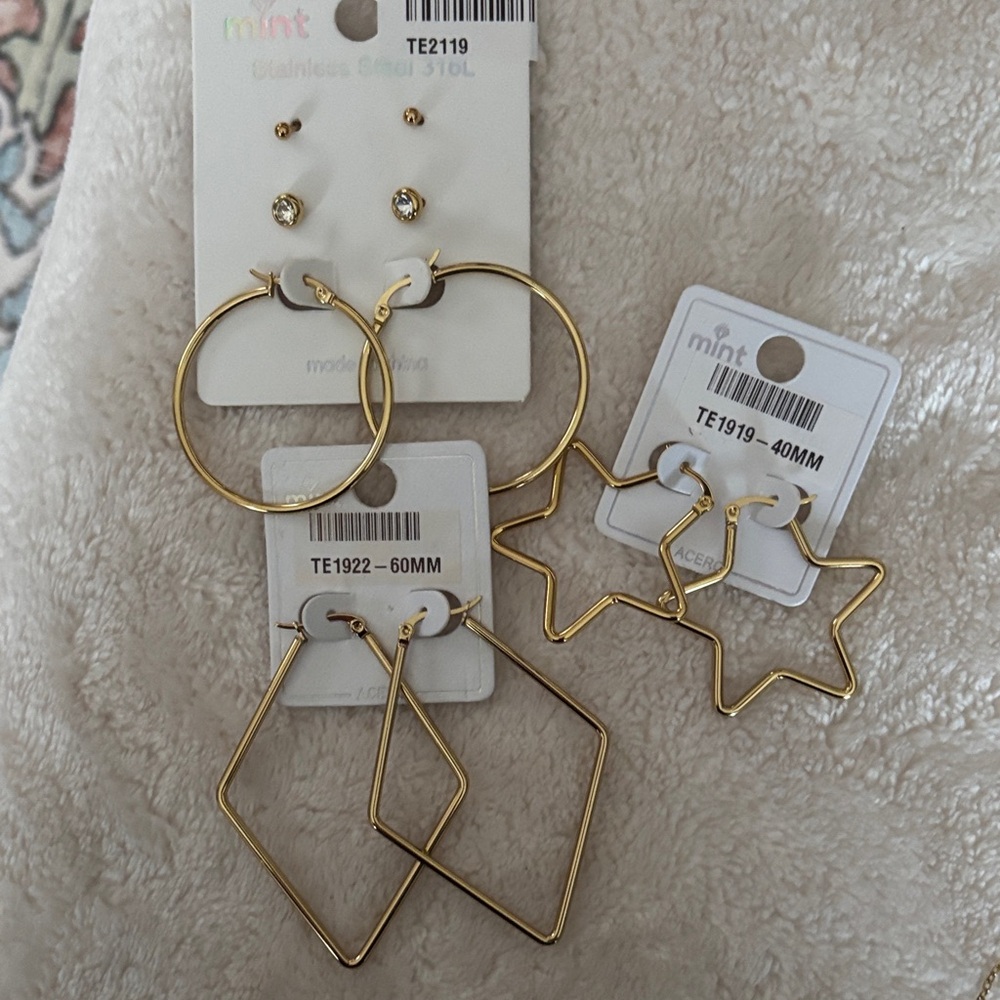 Mint Gold-Tone Earring Set — Hoop, Star & Geometric Styles